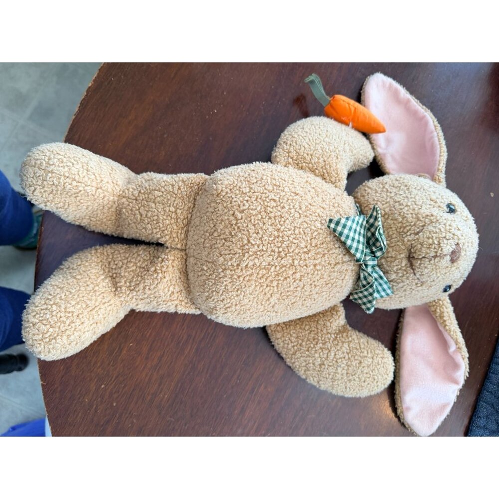 Vintage Hallmark Plush Bunny With Carrot & Gingham Bow Tie 1990s Soft Beige Pink
